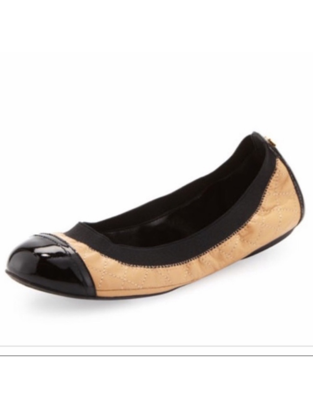 TORY BURCH Bridgette Quilted Scrunch Tan Leather Ballet Flats Black Toe Cap 7